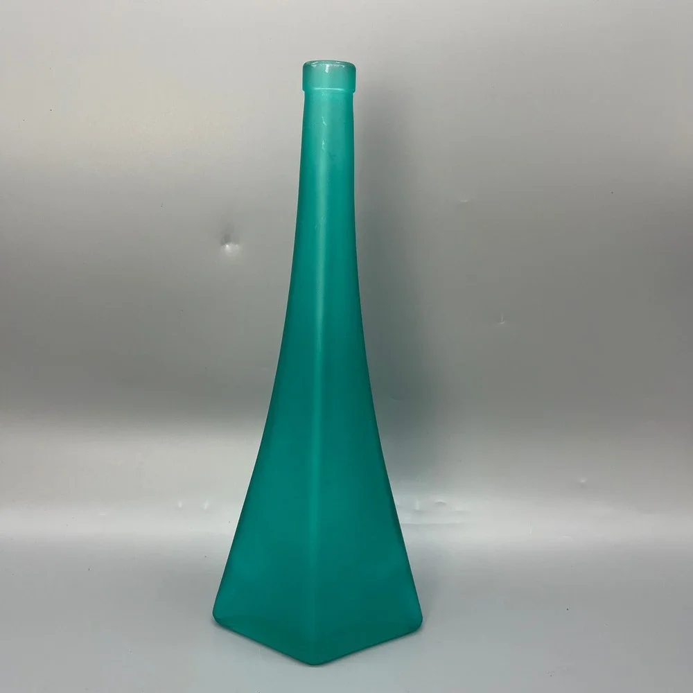 Vintage Asymmetrical Tall Bottle‎ Pressed Glass Frosted Teal Numbered Stamped